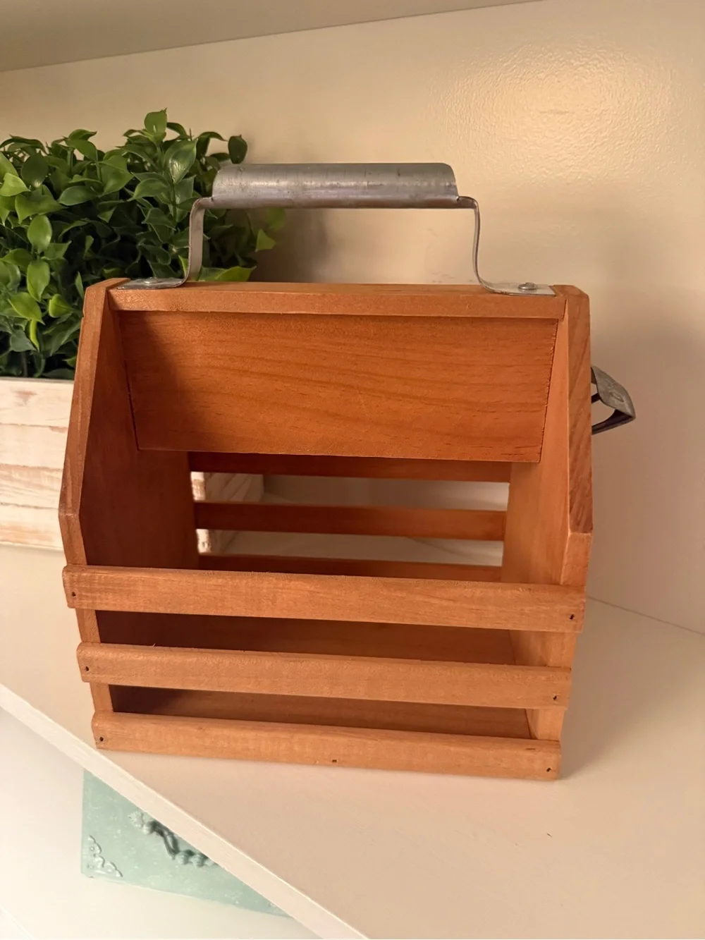 Rustic Wooden Beer Bottle Caddy Carrier w/ Metal Bottle Opener Handle